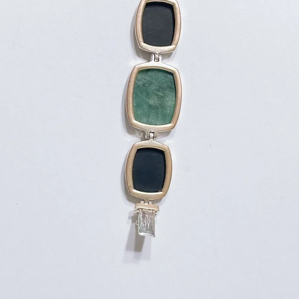 Sterling Silver Green & Black Stone Link Bracelet - Picture 6 of 9